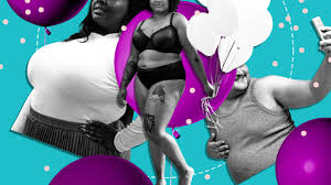 three images of fat bodies over a purple and blue blackground