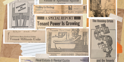 a collage of newspaper clippings about tenant rights and tenant power.